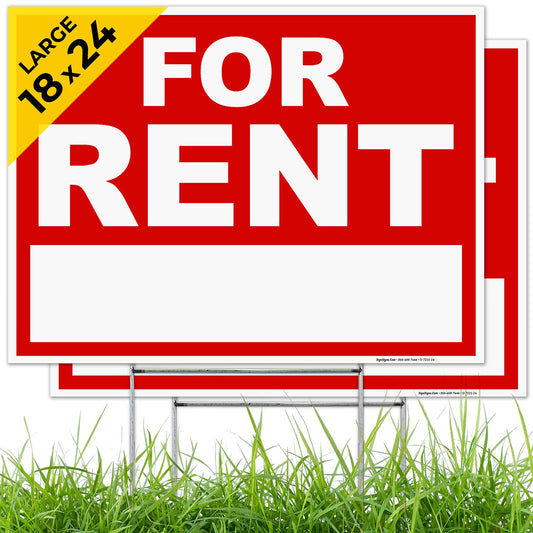 For Rent Sign ( 1 piece ) Double Sided 18x24 Inches, Corrugated Plastic with Metal H Stake, Made in USA by Sigo Signs + Installation