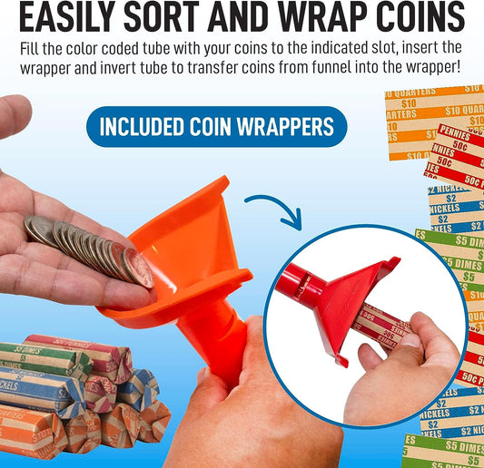29 - Quarters Sorter Tube + Funnel Shaped Color-Coded Quarters Wrapper Paper